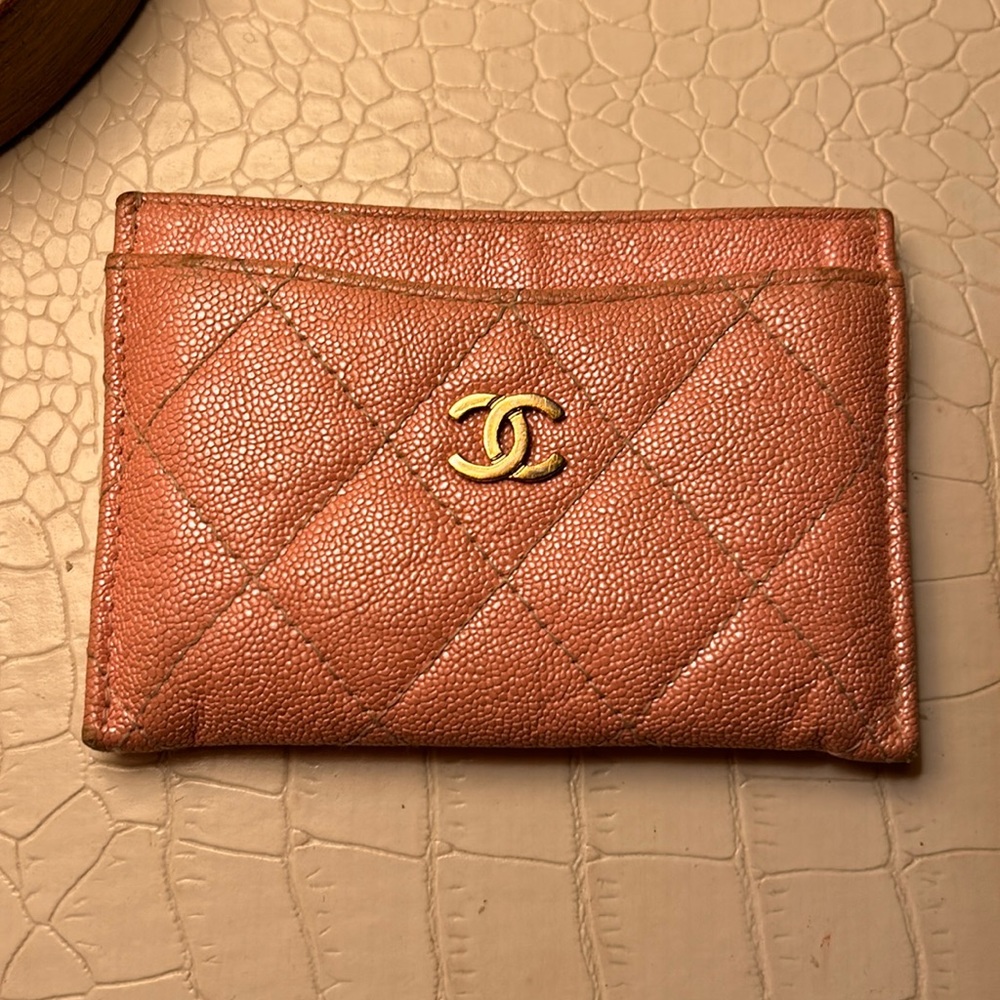 Chanel pink quilted leather credit card holder wallet